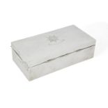 A George V silver cigarette box with Irish Guards crest to lid, Birmingham, 1924, Joseph Gloster, of