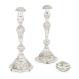 A pair of silver Sabbath candlesticks, London, 1926, Moshe Rubin, with chased, knopped stems to