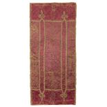 An Italian composite crimson brocatelle silk and linen panel, 17th century, joined in several