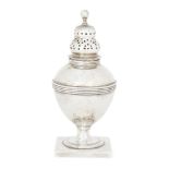 A George III silver pepper shaker, London, 1814, John Merry, with rounded body to a shaped domed cap