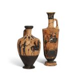 Two Greek black-figure lekythoi, one with ovoid body, decorated with two standing figures, one