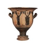 An Apulian red-figure bell krater, with bacchanalian scene, side (a) with two naked satyrs, three