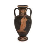 A Greek style red-figure pottery neck amphora with a dancing maenad on one side and a himation