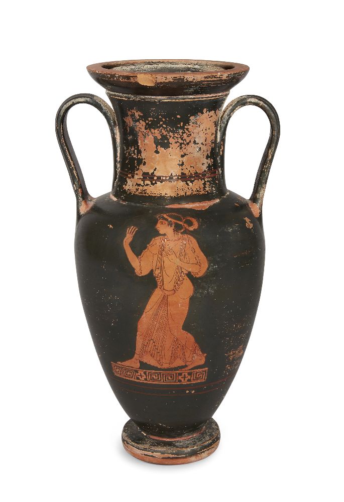 A Greek style red-figure pottery neck amphora with Apollo on one side and a maenad on the other,