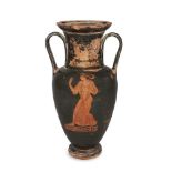 A Greek style red-figure pottery neck amphora with Apollo on one side and a maenad on the other,