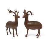 Two Qajar damascened steel deer, Iran, 19th century, a male and female, each body with a band of