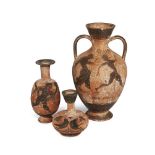 Three Greek style pottery vessels, including an amphora with dancing figures, 26cm; a jar with