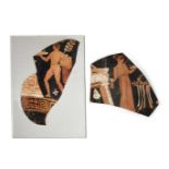 Two Apulian red-figure krater/hydria fragments, one with a nude youth holding a thysus and drapery