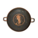 A Greek style stemmed red-figure pottery kylix, enlivened with some gilding, the exterior