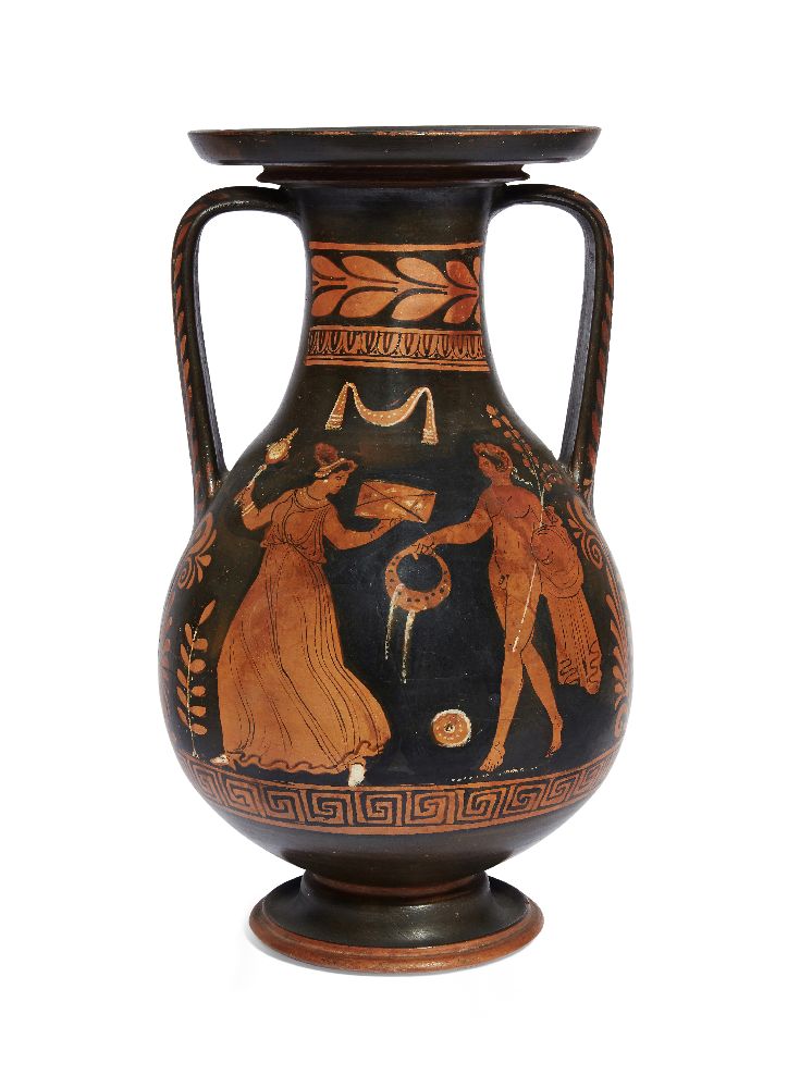 An Apulian red-figure pelike, with additional details in cream, side (a) with a chiton-clad female - Image 2 of 2