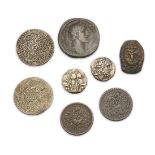 A group of coins, including an Epeirus Dracham with head of Zeus and a collection of coins from