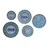 A group of five Sind pottery dishes, North India, early 19th century, decorated in blue, turquoise
