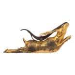 A gilt-steel powder horn, India, 18th century, realistically cast in the shape of a leaping gazelle,