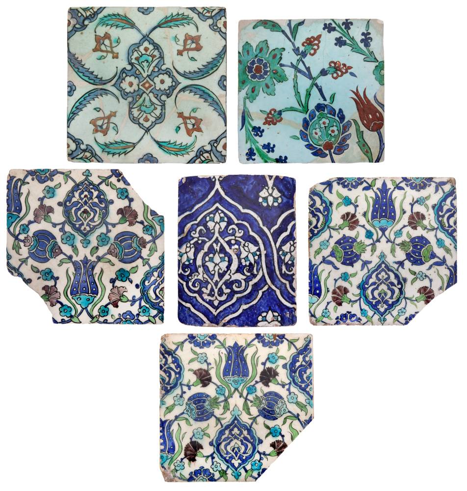 A group of six Damascus Iznik tiles, Syria, 17-18th century, of square form, including three