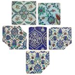 A group of six Damascus Iznik tiles, Syria, 17-18th century, of square form, including three