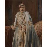 A painted photograph of Shri Maharana Bhupal Singh Bahadu (1884-1955), artist monogram VC, signed by