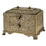 A silver inlaid casket, Iran, 19th century or earlier, on four bracket feet, with straight, slightly