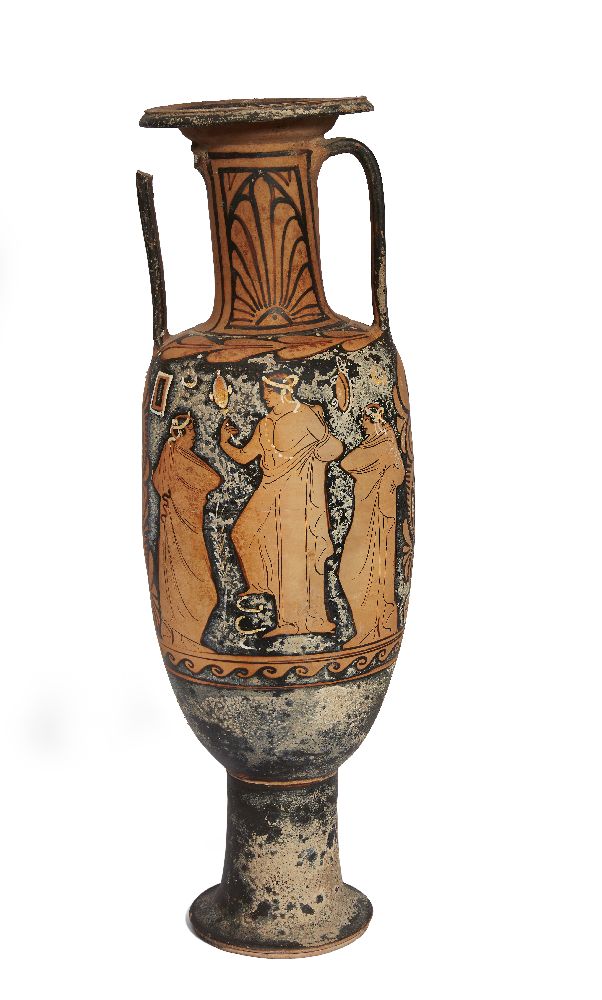 A tall Greek style red-figure amphora, the ovoid body decorated on one side with a helmeted male - Image 2 of 2