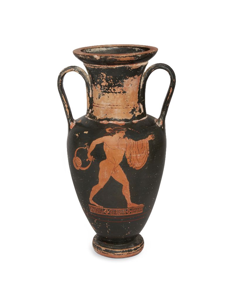 A Greek style red-figure pottery neck amphora with Apollo on one side and a maenad on the other, - Image 2 of 2