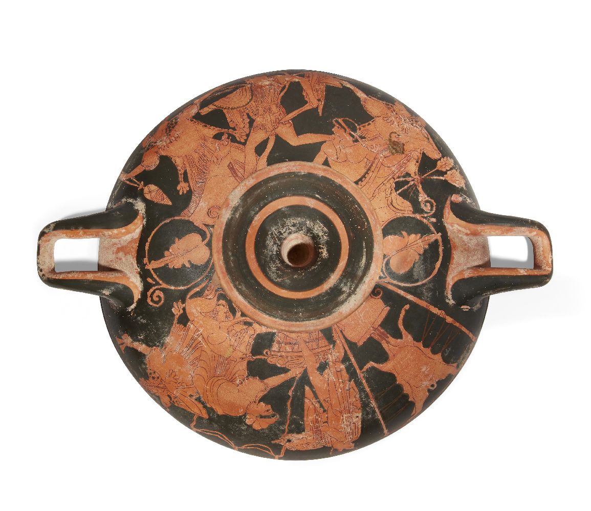 A Greek style stemmed red-figure pottery kylix, enlivened with some gilding, the exterior - Image 2 of 3