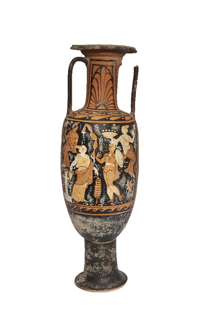A tall Greek style red-figure amphora, the ovoid body decorated on one side with a helmeted male