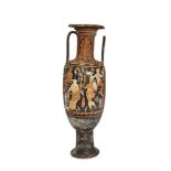 A tall Greek style red-figure amphora, the ovoid body decorated on one side with a helmeted male