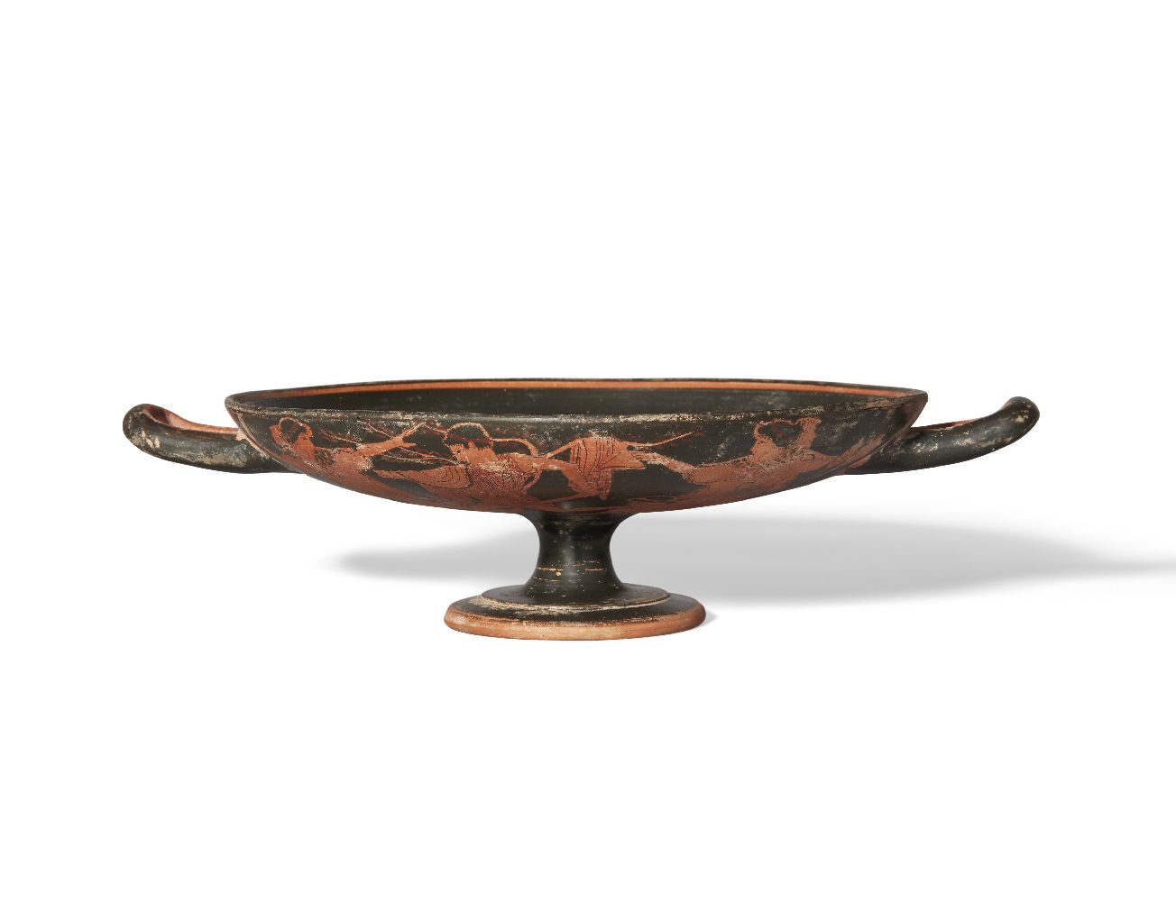 A Greek style stemmed red-figure pottery kylix, enlivened with some gilding, the exterior - Image 3 of 3