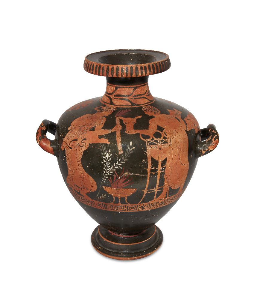 A red-figure Greek style pottery hydria, with an offering scene, depicting two figures on either