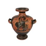 A red-figure Greek style pottery hydria, with an offering scene, depicting two figures on either