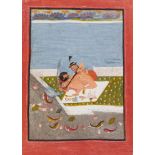 A couple making love, Bundi, Late 18th century, opaque pigments heightened with gold within a wide