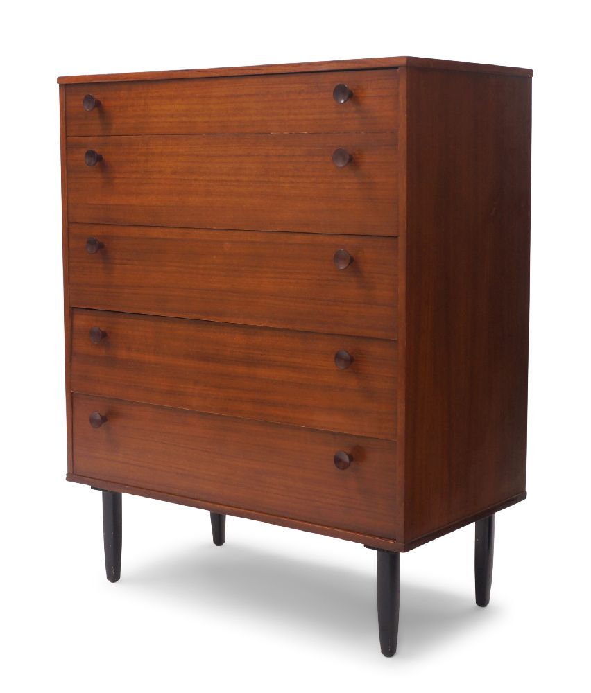 A Scandinavian teak chest of drawers, c.1960, With five graduated drawers, on tapered ebonised feet,