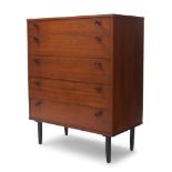 A Scandinavian teak chest of drawers, c.1960, With five graduated drawers, on tapered ebonised feet,