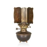 W.A.S. Benson (British 1854-1924), an Arts & Crafts copper and brass oil lamp with triptych brass