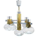 Lamter (Italian), a brass and chromed five light pendant light in the manner of Gaetano Sciolari,