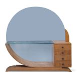 An Art Deco style satin birch dressing table, 20th Century, With circular mirror and glazed shelf,