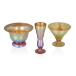 WMF (German), a group of three 'Myra' iridescent glass vases, c.1930, solifleur has original WMF