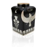 An Egyptian Revival ceramic vase in black with gold detail to the rim, c. 1930, printed mark to