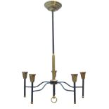 A French brass and black enamelled five light chandelier, c.1950, The central brass and black