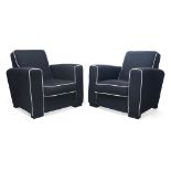 A pair of Art Deco club armchairs, possibly by Jacques Adnet, c.1940/50, Upholstered in black fabric