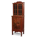 A red japanned side cabinet, late 19th/early 20th century, with glazed upper section over cupboard