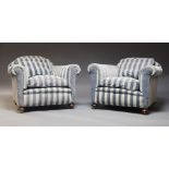 A pair of large armchairs, 20th Century, upholstered in blue and grey striped fabric, with loose