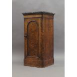 A Victorian figured walnut marble topped pot cupboard, raised on plinth base, 83cm high, 42cm