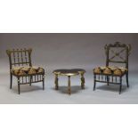 A Victorian Aesthetic Movement ebonised and parcel gilt side chair, with spindle back and floral