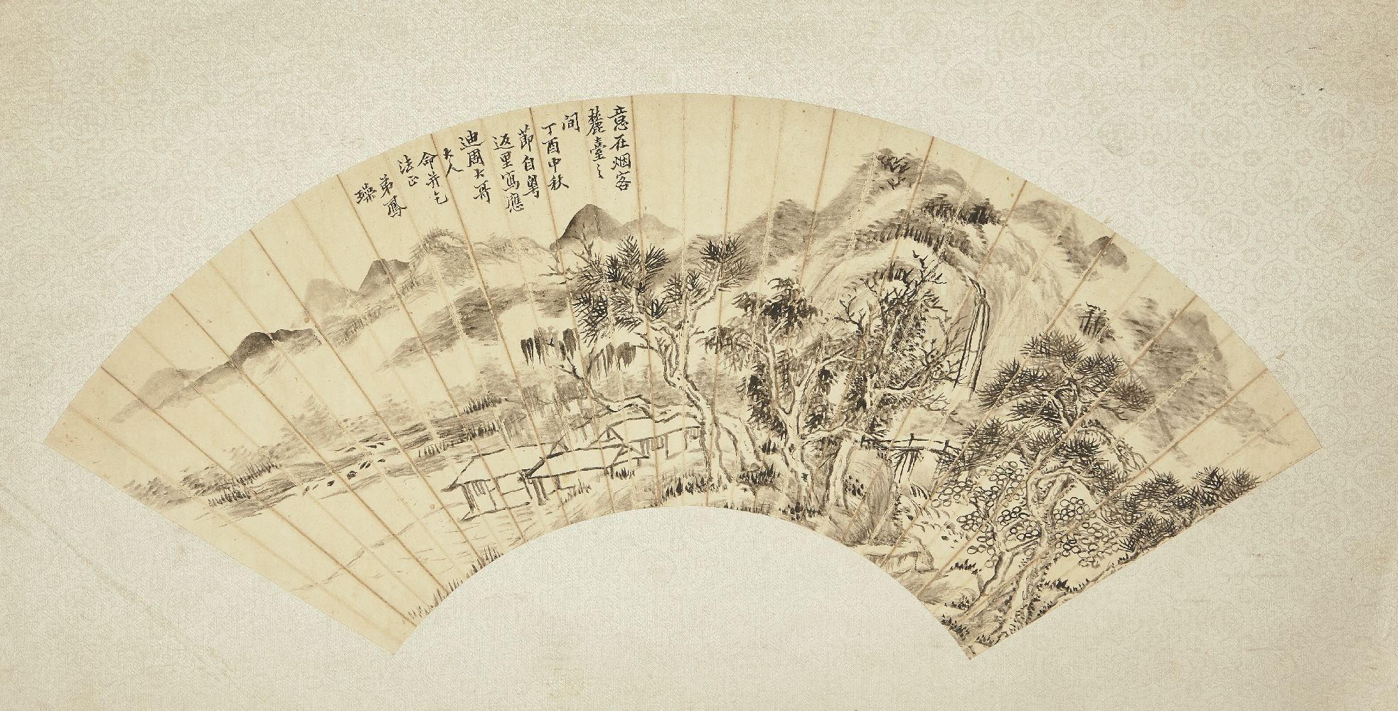 QIN FENGZAO, early 20th century, ink on paper fan, study of houses in a mountainous landscape,