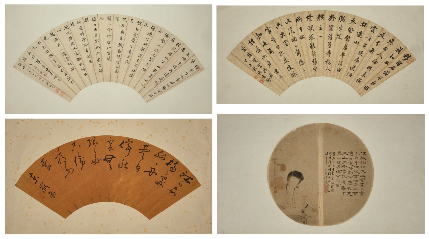 19th century Chinese school, four fan paintings, three ink on paper and one ink and colour on