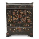 A Chinese export black and gilt-lacquered jewellery cabinet, late 19th century, the exterior painted