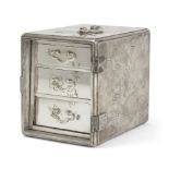 A Japanese silver jewellery box, early 20th century, the exterior engraved with fans decorated