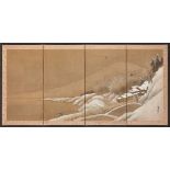 20th century Japanese School, watercolour on four panel screen, winter landscape, with seal and
