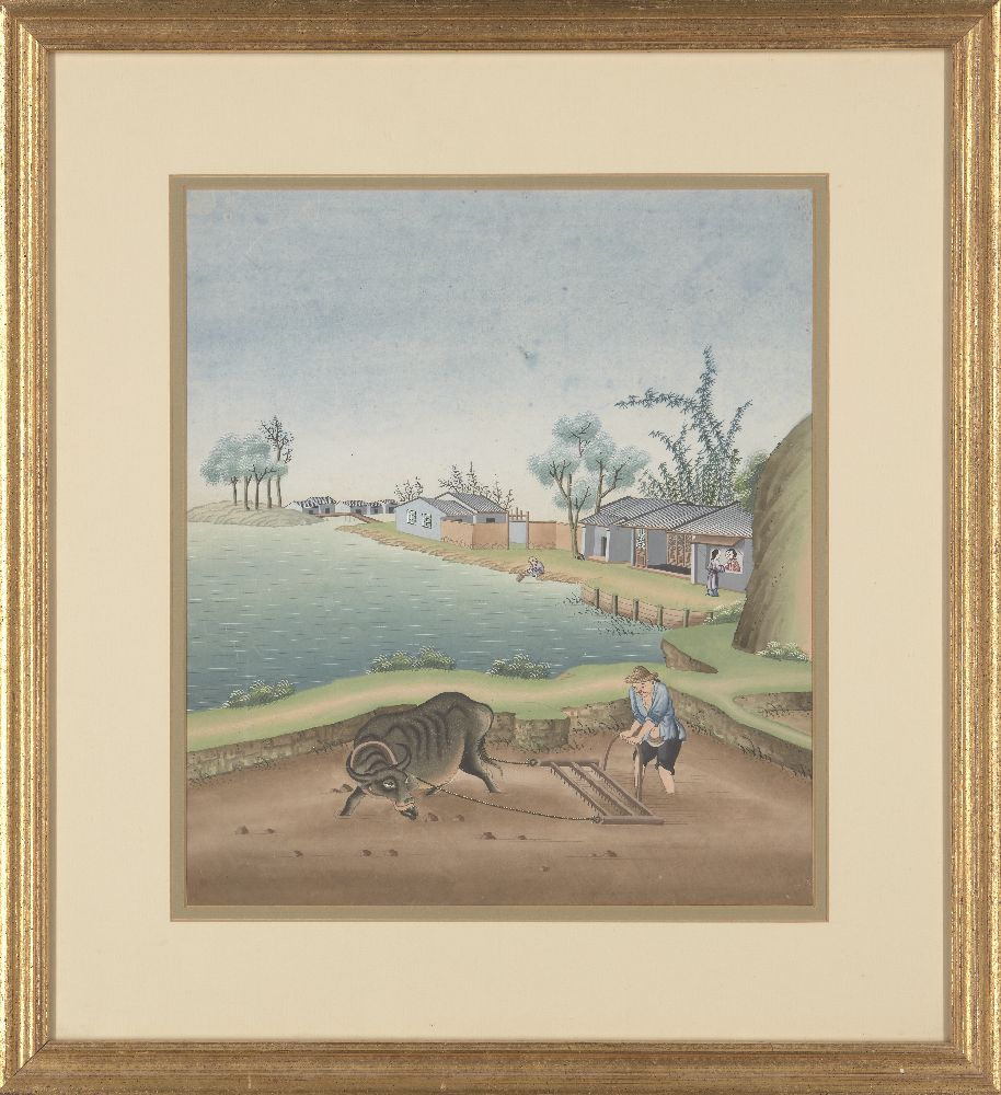 19th century Chinese School, watercolour on paper, farmer poughing a field with an ox, 34.5x30. - Image 2 of 2