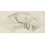 CUI QI (Chinese, 1841-1915), ink and colour on paper fan, study of a man reclining on a boat in a